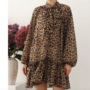 CHICWISH - Leopard Print Self-Tie Neckline Chiffon Mini Dress - S-M